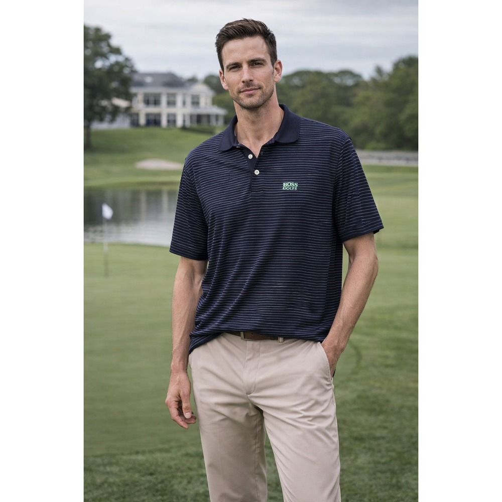 Hugo Boss Golf Mens XL Navy Blue Striped Short‎ Sleeve Polo Shirt Logo 27528